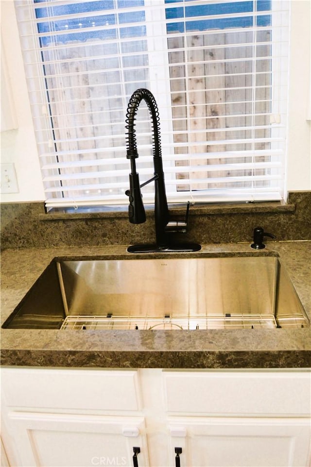 interior details featuring a sink and white cabinets