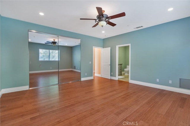 27732 N Bay Rd, Lake Arrowhead, CA 92352 - unfurnished bedroom featuring light wood finished floors, a closet, ceiling fan, baseboards, and recessed lighting