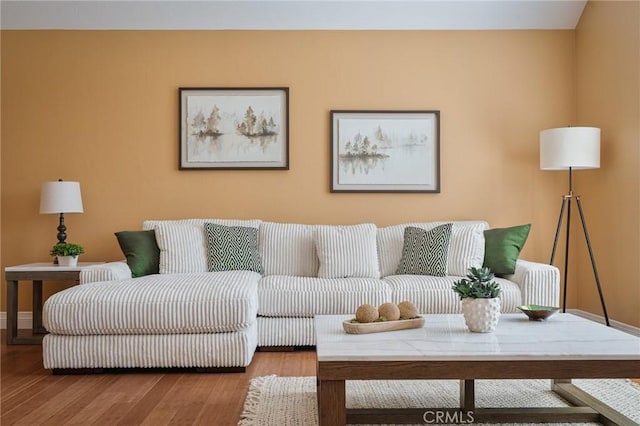 living area with baseboards and wood finished floors
