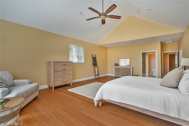 27732 N Bay Rd, Lake Arrowhead, CA 92352 - bedroom with high vaulted ceiling, wood finished floors, and ceiling fan