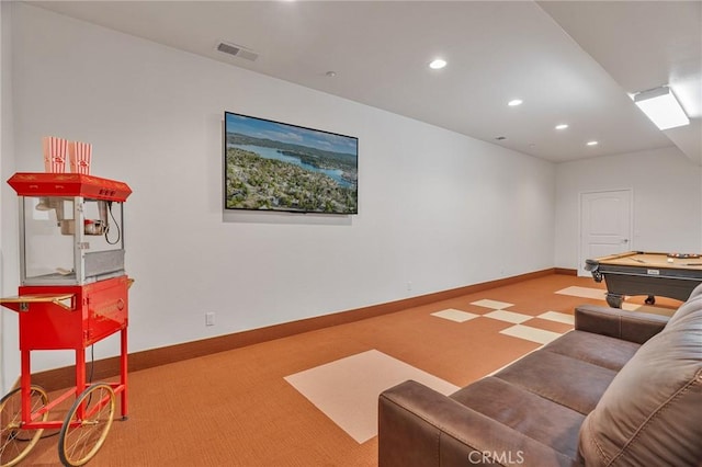 carpeted living area featuring billiards, baseboards, visible vents, and recessed lighting