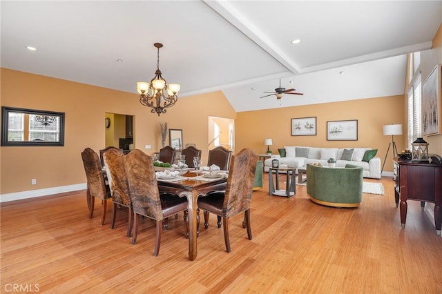 27732 N Bay Rd, Lake Arrowhead, CA 92352 - dining room featuring a chandelier, light wood finished floors, baseboards, and ceiling fan