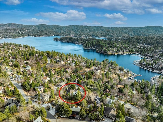 27732 N Bay Rd, Lake Arrowhead, CA 92352 - aerial overview of property's location with a forest and a large body of water