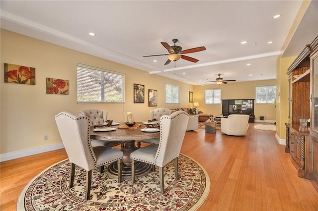 27732 N Bay Rd, Lake Arrowhead, CA 92352 - dining room with light wood finished floors, ceiling fan, baseboards, and recessed lighting