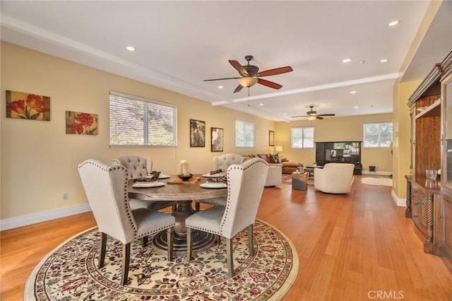 27732 N Bay Rd, Lake Arrowhead, CA 92352 - dining room with light wood-style flooring, a ceiling fan, and recessed lighting