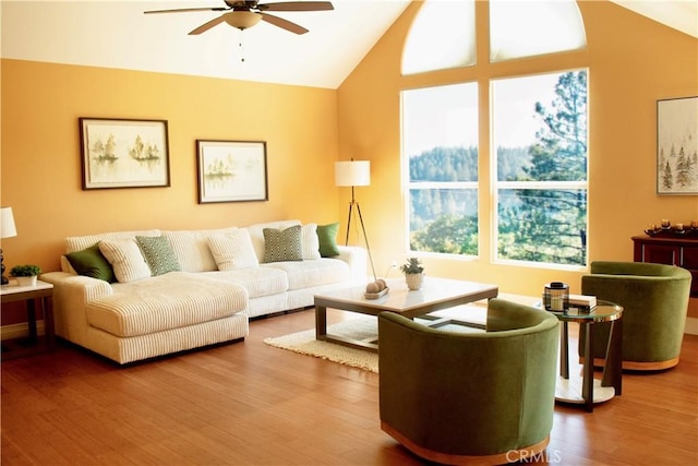 27732 N Bay Rd, Lake Arrowhead, CA 92352 - living area featuring lofted ceiling, a ceiling fan, and wood finished floors