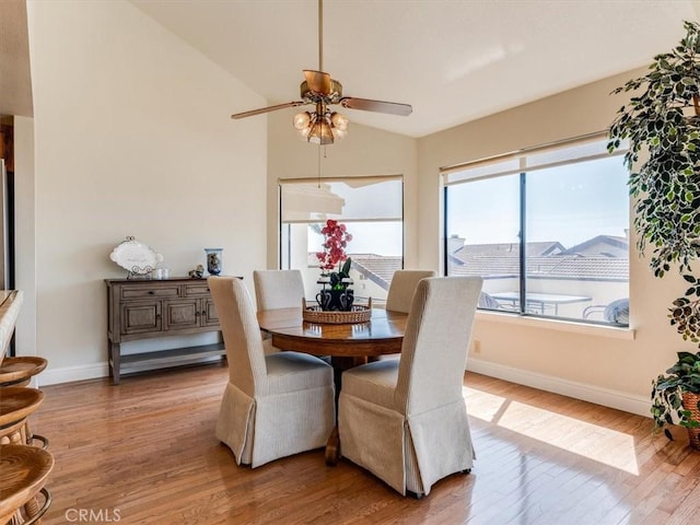 101 Searidge Ct, Pismo Beach, CA 93449 - dining space featuring vaulted ceiling, light wood-type flooring, healthy amount of natural light, and ceiling fan