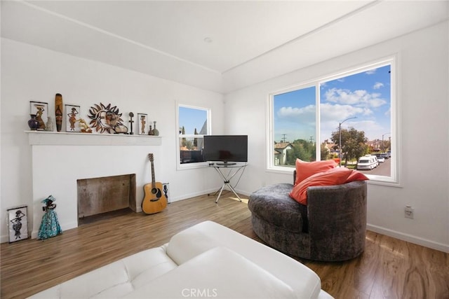 living room with baseboards, plenty of natural light, a fireplace, and wood finished floors