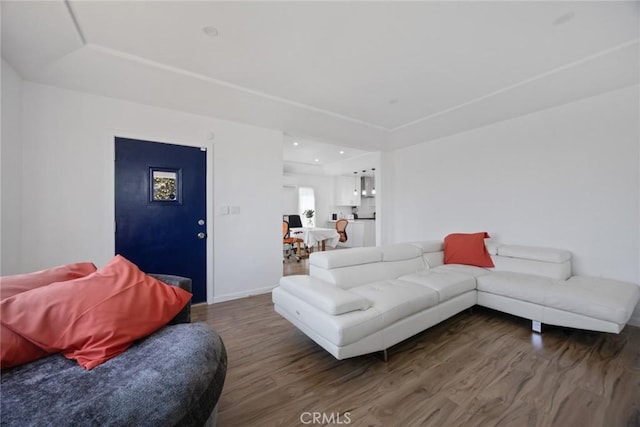 living area featuring baseboards and wood finished floors
