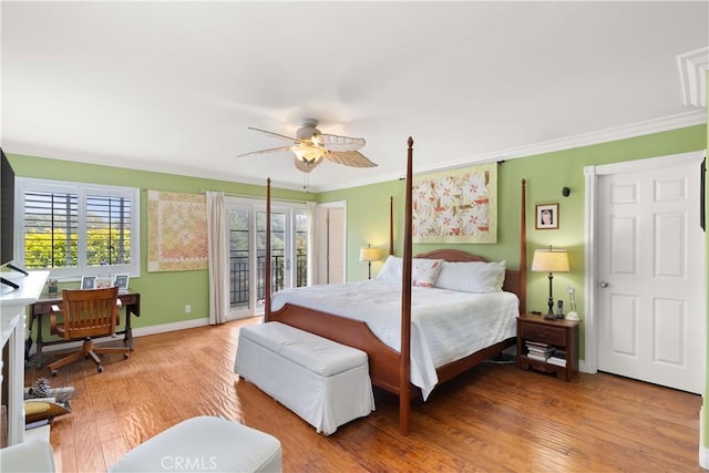 bedroom with baseboards, ornamental molding, a ceiling fan, light wood-style floors, and access to exterior