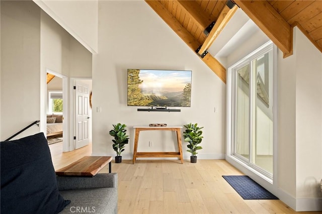 27684 St Bernard Ln, Lake Arrowhead, CA 92352 - interior space with wooden ceiling, baseboards, beamed ceiling, high vaulted ceiling, and light wood-style floors