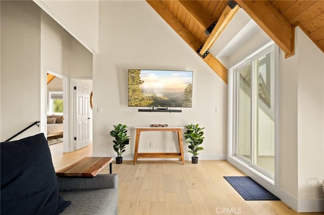 27684 St Bernard Ln, Lake Arrowhead, CA 92352 - living area with a wood ceiling with exposed beams, light wood-style flooring, and high vaulted ceiling