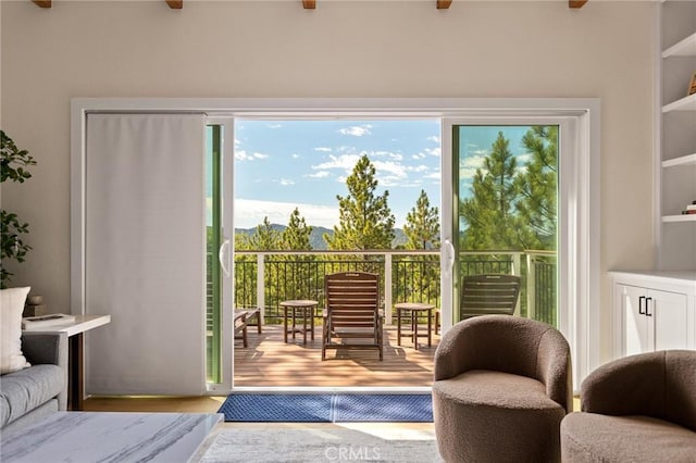 27684 St Bernard Ln, Lake Arrowhead, CA 92352 - doorway with beamed ceiling and wood finished floors