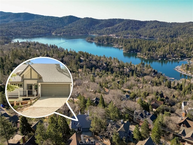 27684 St Bernard Ln, Lake Arrowhead, CA 92352 - birds eye view of property featuring a water and mountain view and a wooded view