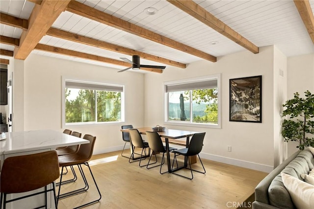 27684 St Bernard Ln, Lake Arrowhead, CA 92352 - dining room with baseboards, a wealth of natural light, and beamed ceiling