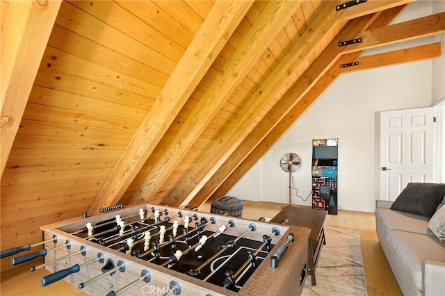 27684 St Bernard Ln, Lake Arrowhead, CA 92352 - playroom featuring vaulted ceiling with beams, wood ceiling, and wood finished floors