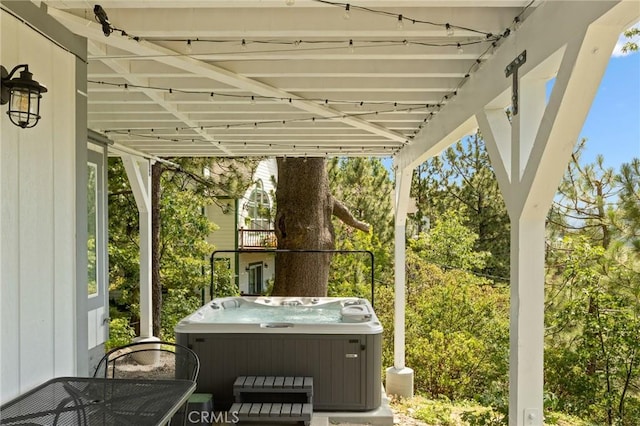 27684 St Bernard Ln, Lake Arrowhead, CA 92352 - view of patio featuring a hot tub