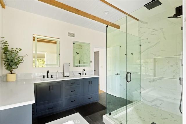 27684 St Bernard Ln, Lake Arrowhead, CA 92352 - full bathroom with visible vents, a sink, a marble finish shower, and double vanity
