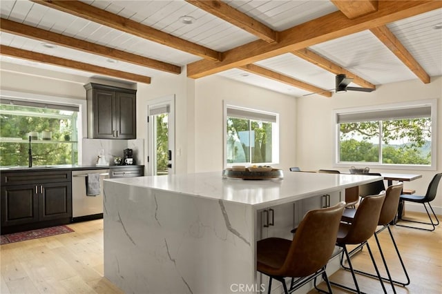 27684 St Bernard Ln, Lake Arrowhead, CA 92352 - kitchen featuring plenty of natural light, a kitchen island, dishwasher, a sink, and beamed ceiling