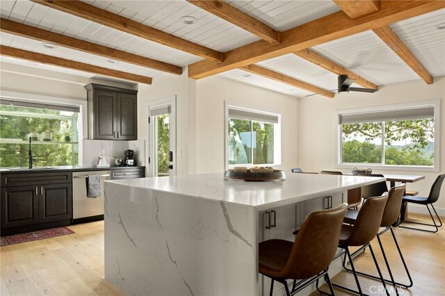 27684 St Bernard Ln, Lake Arrowhead, CA 92352 - kitchen with dishwasher, beam ceiling, healthy amount of natural light, a center island, and light wood-style floors