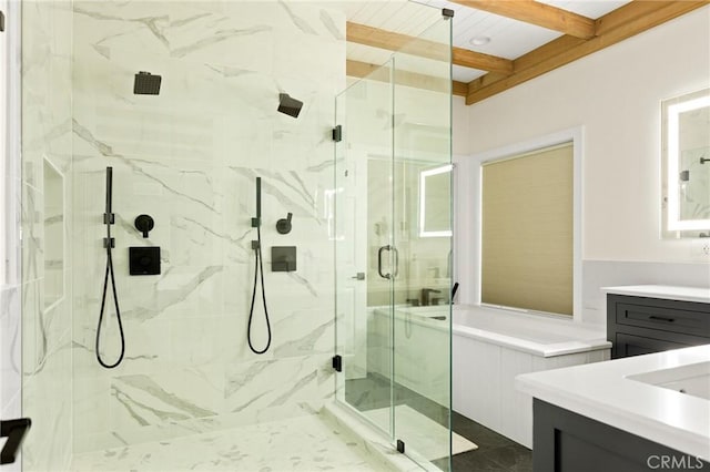 27684 St Bernard Ln, Lake Arrowhead, CA 92352 - bathroom featuring vanity, a bath, a marble finish shower, and beam ceiling