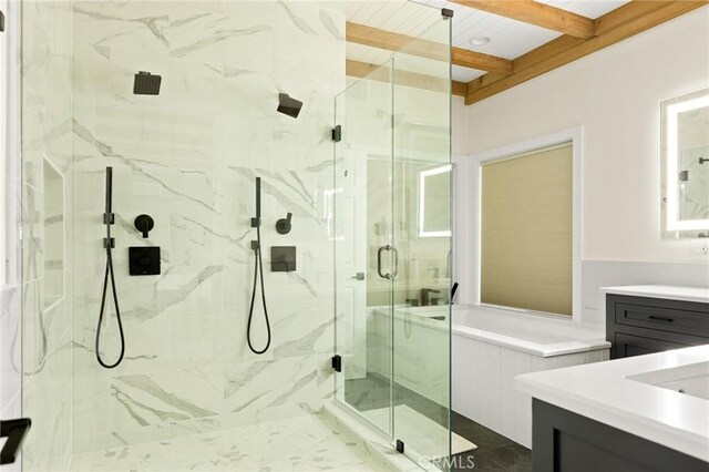 27684 St Bernard Ln, Lake Arrowhead, CA 92352 - full bath featuring vanity, a marble finish shower, and beam ceiling