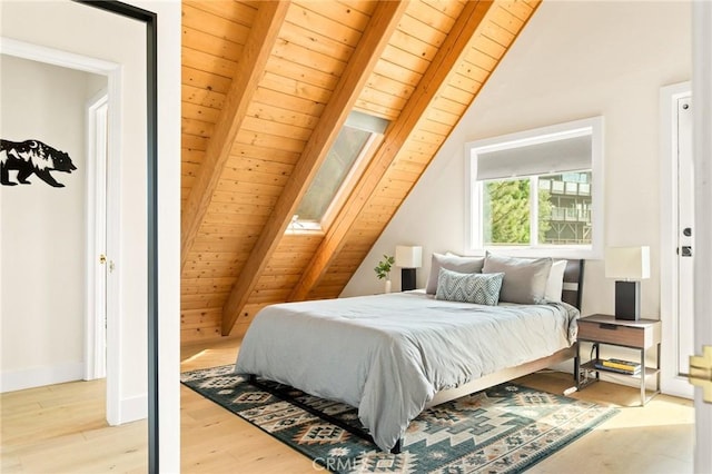 27684 St Bernard Ln, Lake Arrowhead, CA 92352 - bedroom with wood finished floors, wooden ceiling, and a skylight