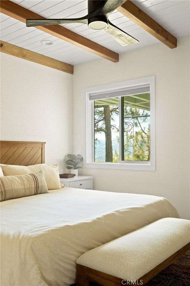27684 St Bernard Ln, Lake Arrowhead, CA 92352 - bedroom featuring ceiling fan and beamed ceiling
