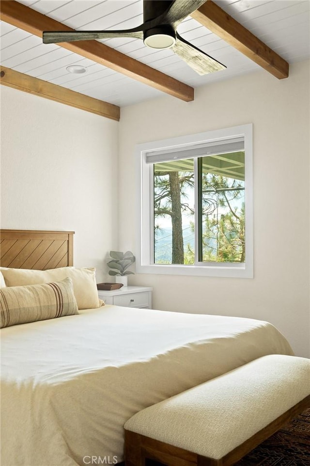 27684 St Bernard Ln, Lake Arrowhead, CA 92352 - bedroom featuring beam ceiling and a ceiling fan