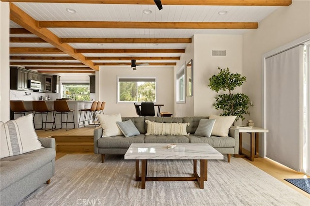 27684 St Bernard Ln, Lake Arrowhead, CA 92352 - living room featuring wood ceiling, ceiling fan, visible vents, beam ceiling, and light wood finished floors