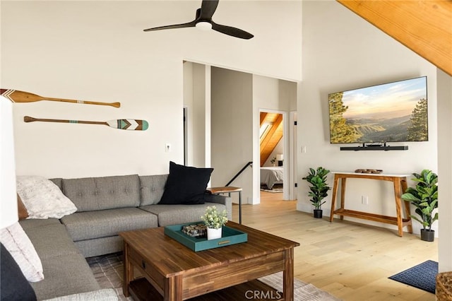 27684 St Bernard Ln, Lake Arrowhead, CA 92352 - living room featuring a ceiling fan and light wood-type flooring