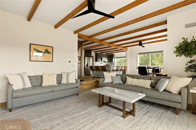 27684 St Bernard Ln, Lake Arrowhead, CA 92352 - living area with visible vents, ceiling fan, and beam ceiling