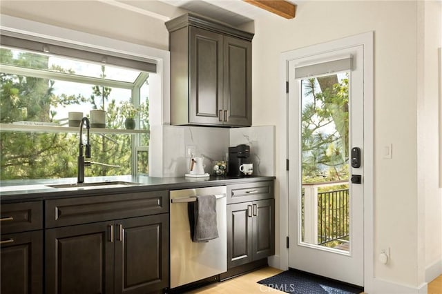 27684 St Bernard Ln, Lake Arrowhead, CA 92352 - bar with a sink, light wood finished floors, dishwasher, decorative backsplash, and beamed ceiling