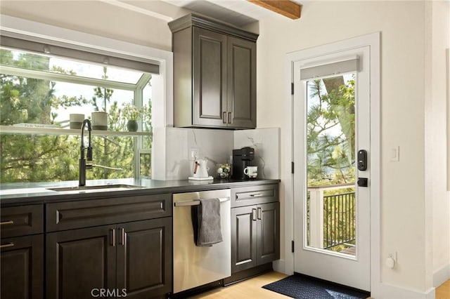 27684 St Bernard Ln, Lake Arrowhead, CA 92352 - bar with stainless steel dishwasher, beam ceiling, light wood-style flooring, and decorative backsplash