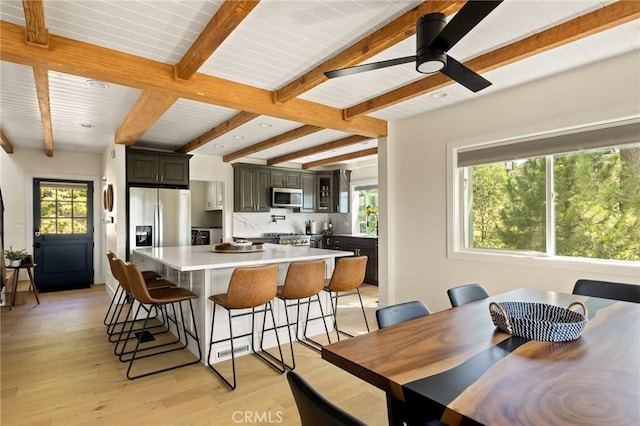 27684 St Bernard Ln, Lake Arrowhead, CA 92352 - dining room with light wood-style floors, beamed ceiling, a ceiling fan, and recessed lighting