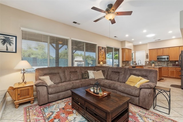 37549 Windsor Ct, Murrieta, CA 92562 - living area featuring baseboards, recessed lighting, light tile patterned floors, visible vents, and ceiling fan