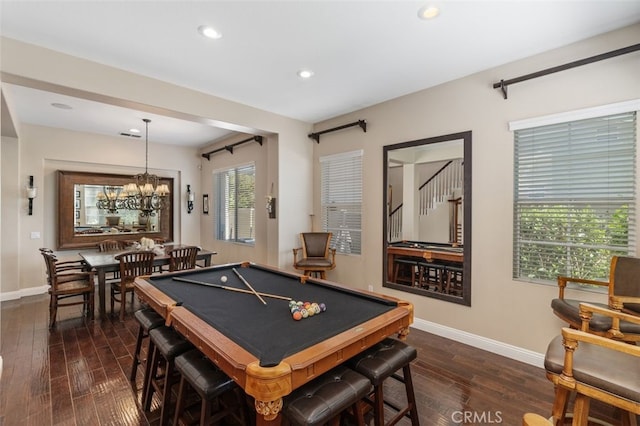 37549 Windsor Ct, Murrieta, CA 92562 - playroom featuring baseboards, recessed lighting, billiards, and dark wood-style floors