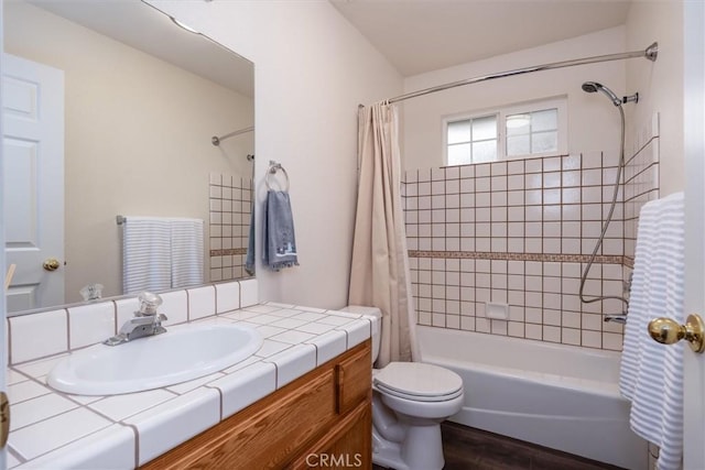 42852 Badger Circle Dr, Coarsegold, CA 93614 - bathroom with toilet, wood finished floors, vanity, and shower / tub combo with curtain