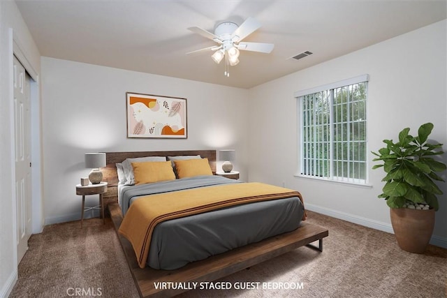 42852 Badger Circle Dr, Coarsegold, CA 93614 - carpeted bedroom with visible vents, baseboards, and a ceiling fan
