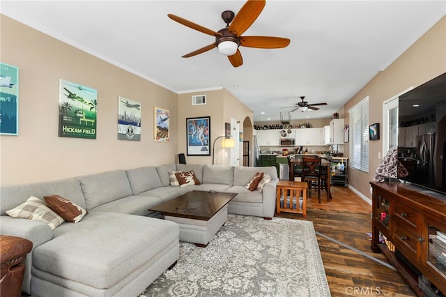27196 Swift St, Menifee, CA 92584 - living area featuring ceiling fan, dark wood finished floors, crown molding, and baseboards