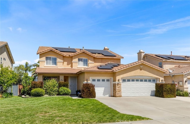 27196 Swift St, Menifee, CA 92584 - view of front of house featuring driveway, a front lawn, roof mounted solar panels, an attached garage, and stucco siding