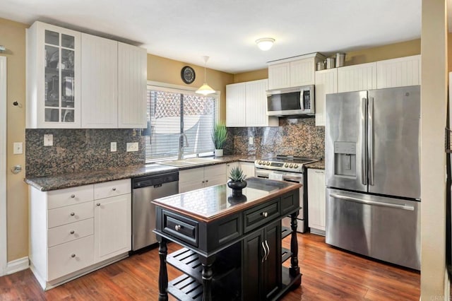 5362 Lake Murray Blvd, La Mesa, CA 91942 - kitchen featuring white cabinets, a sink, decorative backsplash, dark cabinets, and appliances with stainless steel finishes