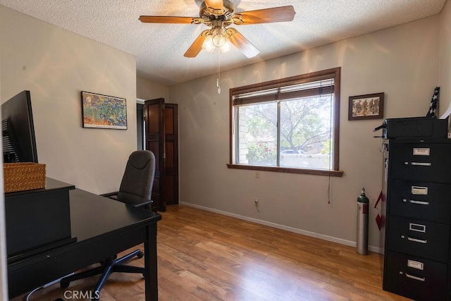 1130 Carob Ct, Hemet, CA 92545 - home office featuring a textured ceiling, light wood finished floors, and a ceiling fan
