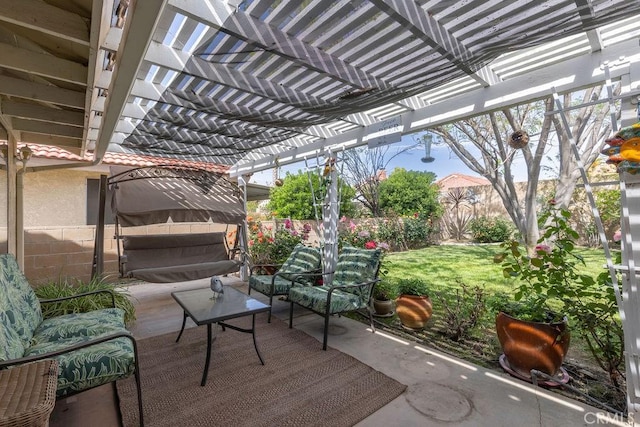 1130 Carob Ct, Hemet, CA 92545 - fenced backyard featuring an outdoor living space, a patio area, and a pergola
