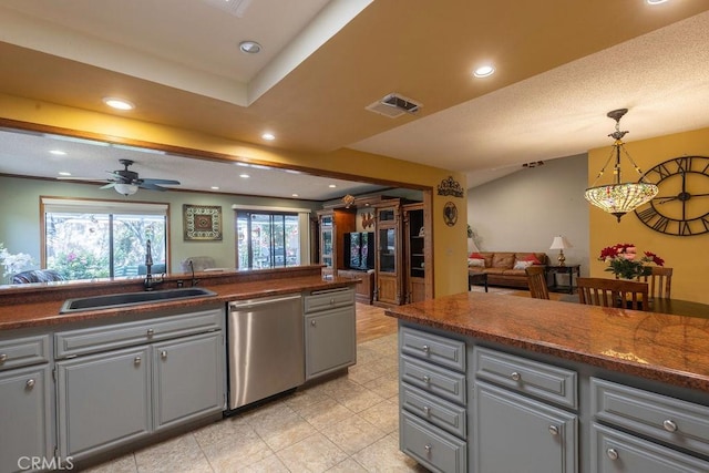 1130 Carob Ct, Hemet, CA 92545 - kitchen featuring dishwasher, gray cabinetry, dark countertops, recessed lighting, and light tile patterned flooring
