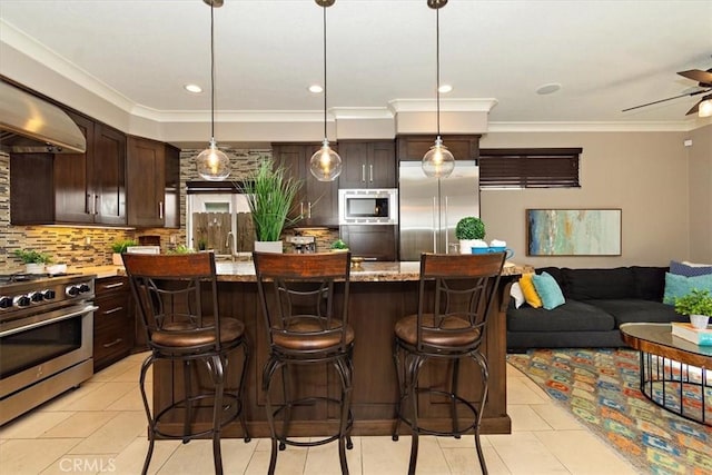 bar featuring built in appliances, light tile patterned floors, backsplash, and crown molding