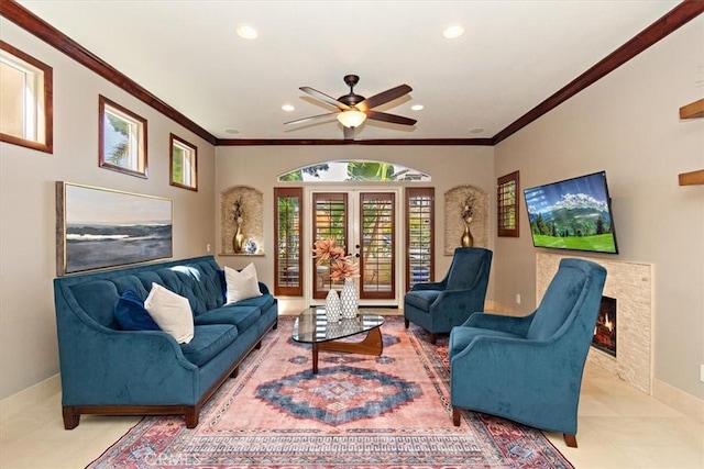 tiled living room featuring baseboards, recessed lighting, ceiling fan, and a fireplace