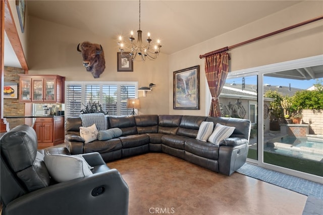2645 S Patton Ave, San Pedro, CA 90731 - living area featuring carpet floors, a chandelier, and a healthy amount of sunlight