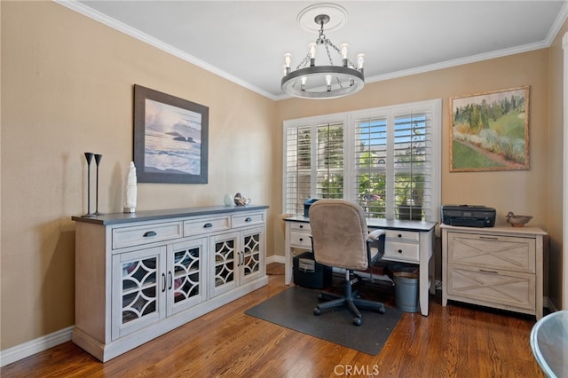 2645 S Patton Ave, San Pedro, CA 90731 - office featuring baseboards, ornamental molding, wood finished floors, and a notable chandelier