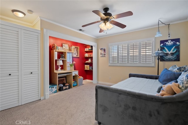 2645 S Patton Ave, San Pedro, CA 90731 - bedroom featuring ceiling fan, visible vents, crown molding, baseboards, and carpet